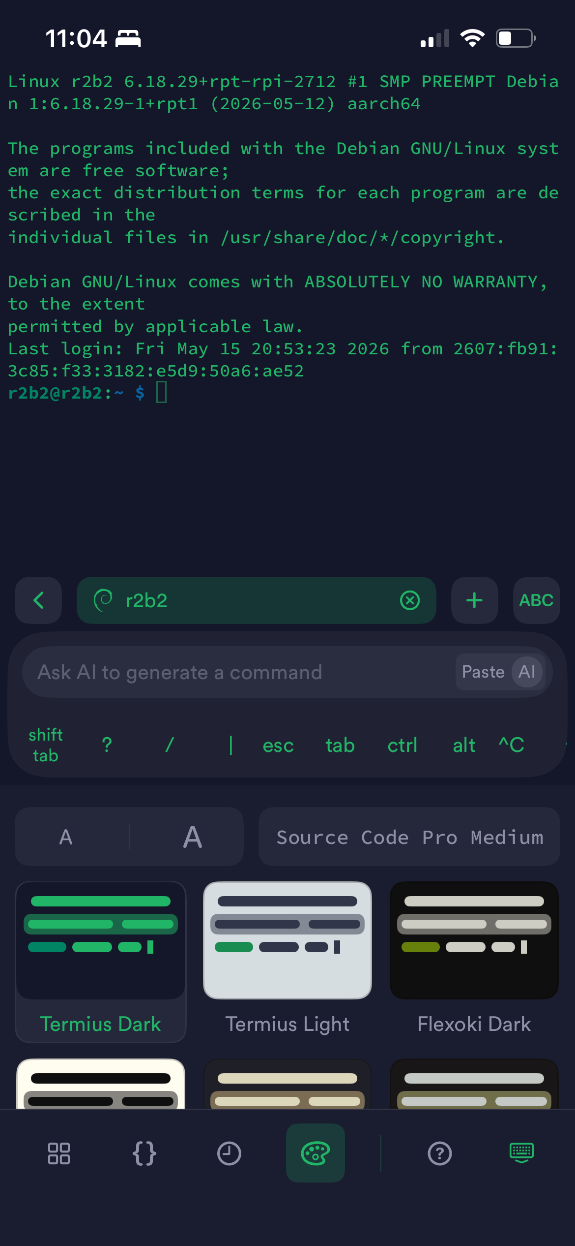 Termius SSH terminal connected to r2b2@r2b2 Debian system