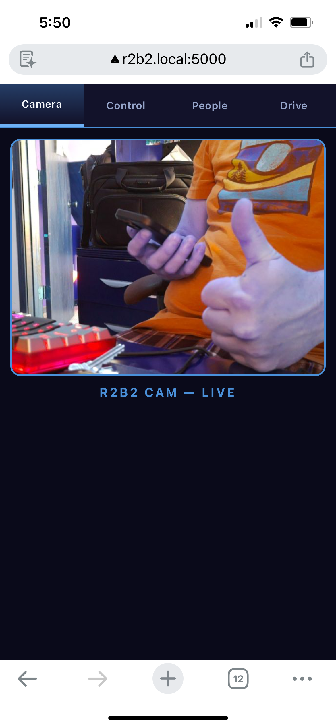 Mobile phone showing R2B2 live camera feed web interface