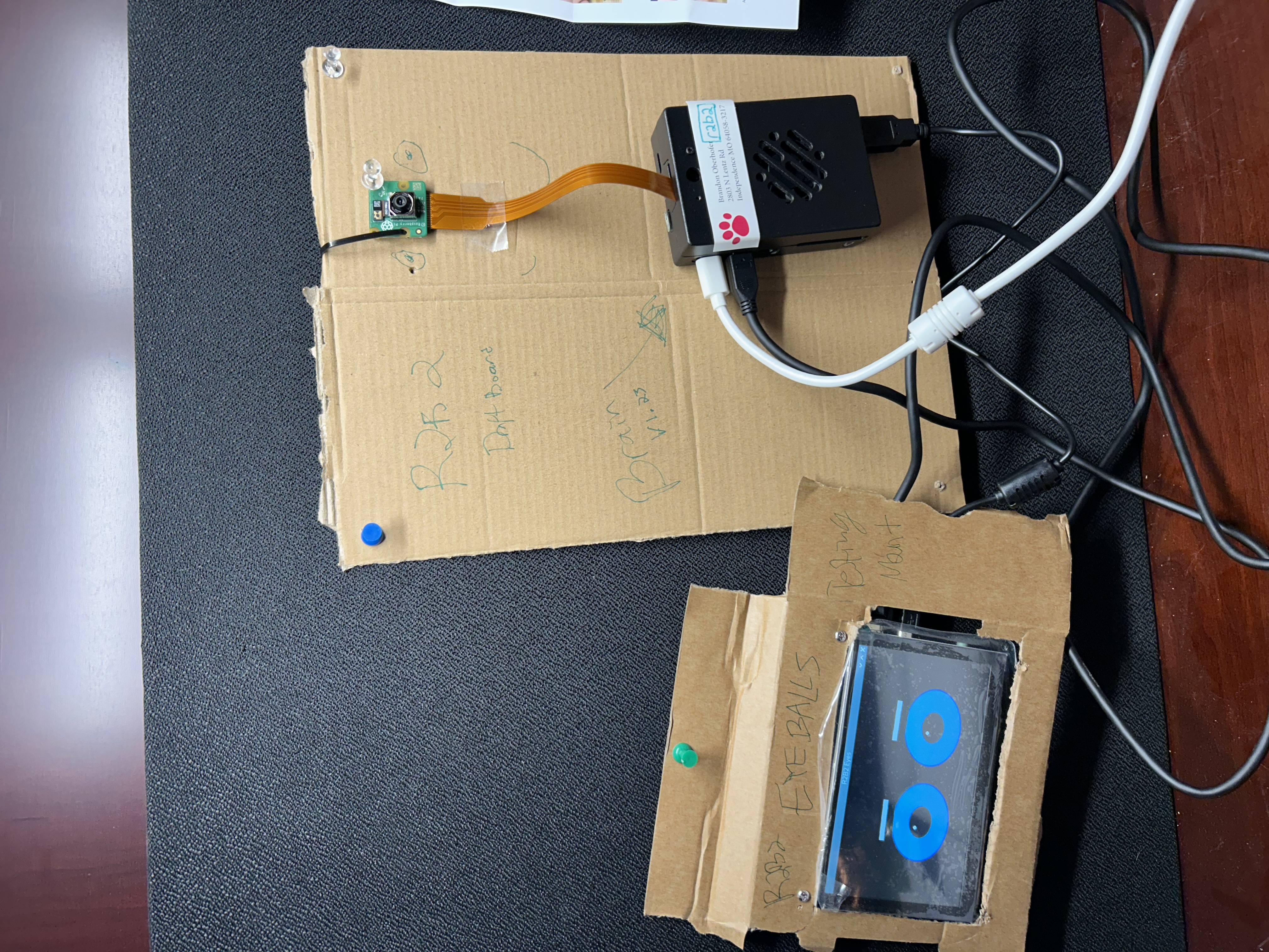 Top-down view of brain board and eyeball display testing mount