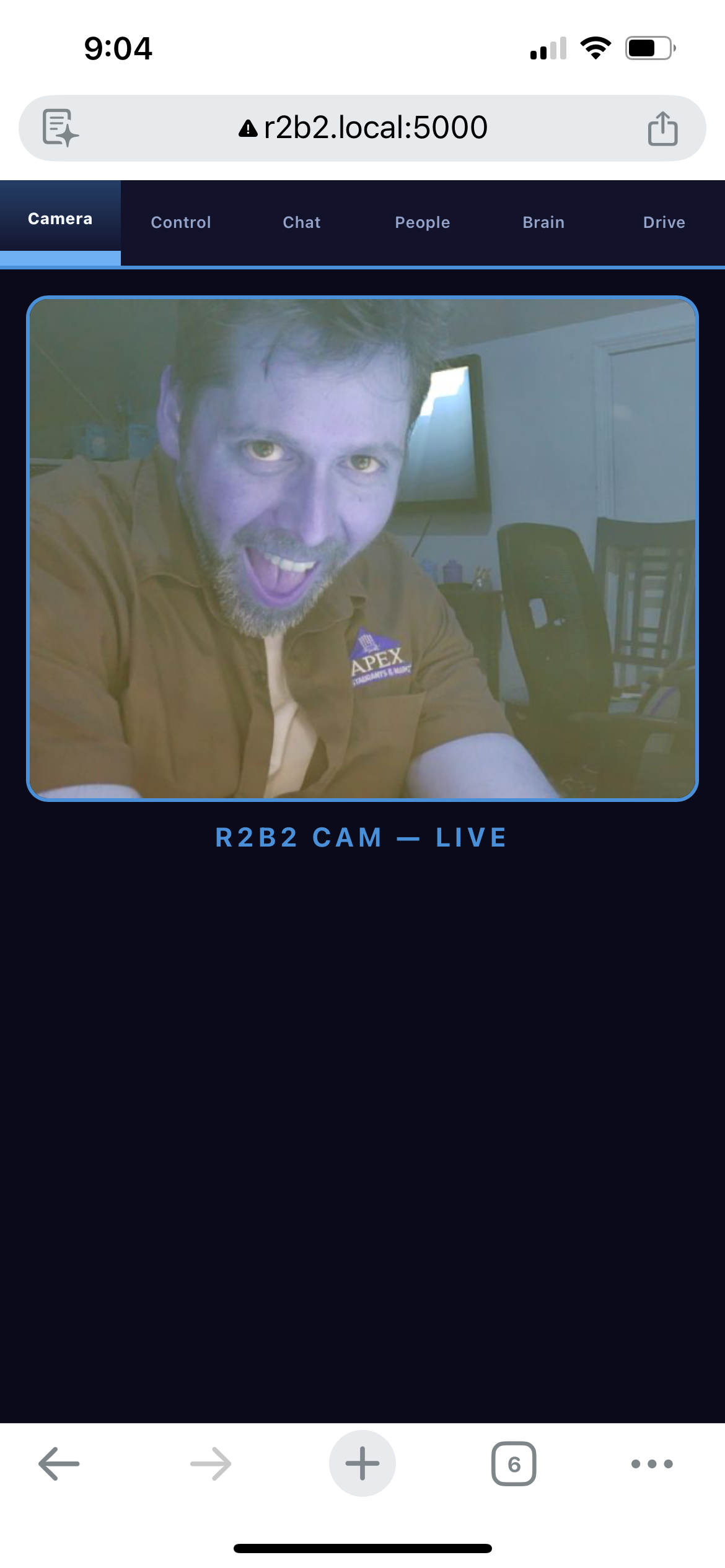 Mobile web app with Camera, Control, Chat, People, Brain, and Drive tabs