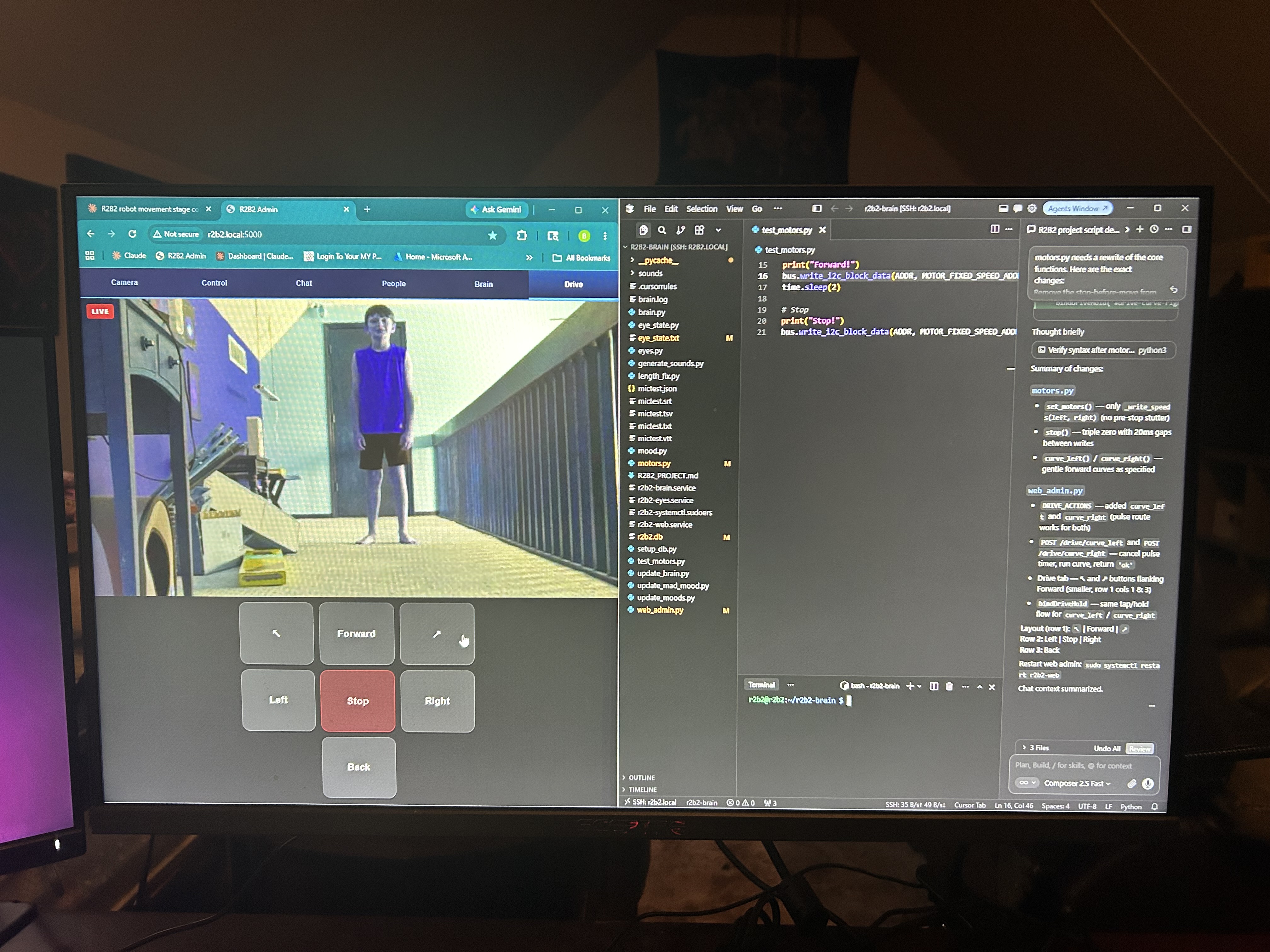 Monitor showing R2B2 drive tab with live camera feed and directional controls