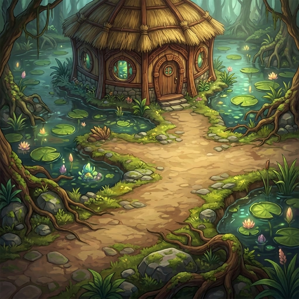 A round thatched hut on a lily-pad marsh path deep in the forest