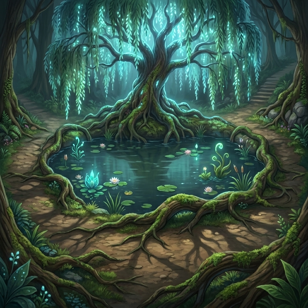 Jay's Pond — a mystical forest pond encircled by glowing bioluminescent roots and weeping branches