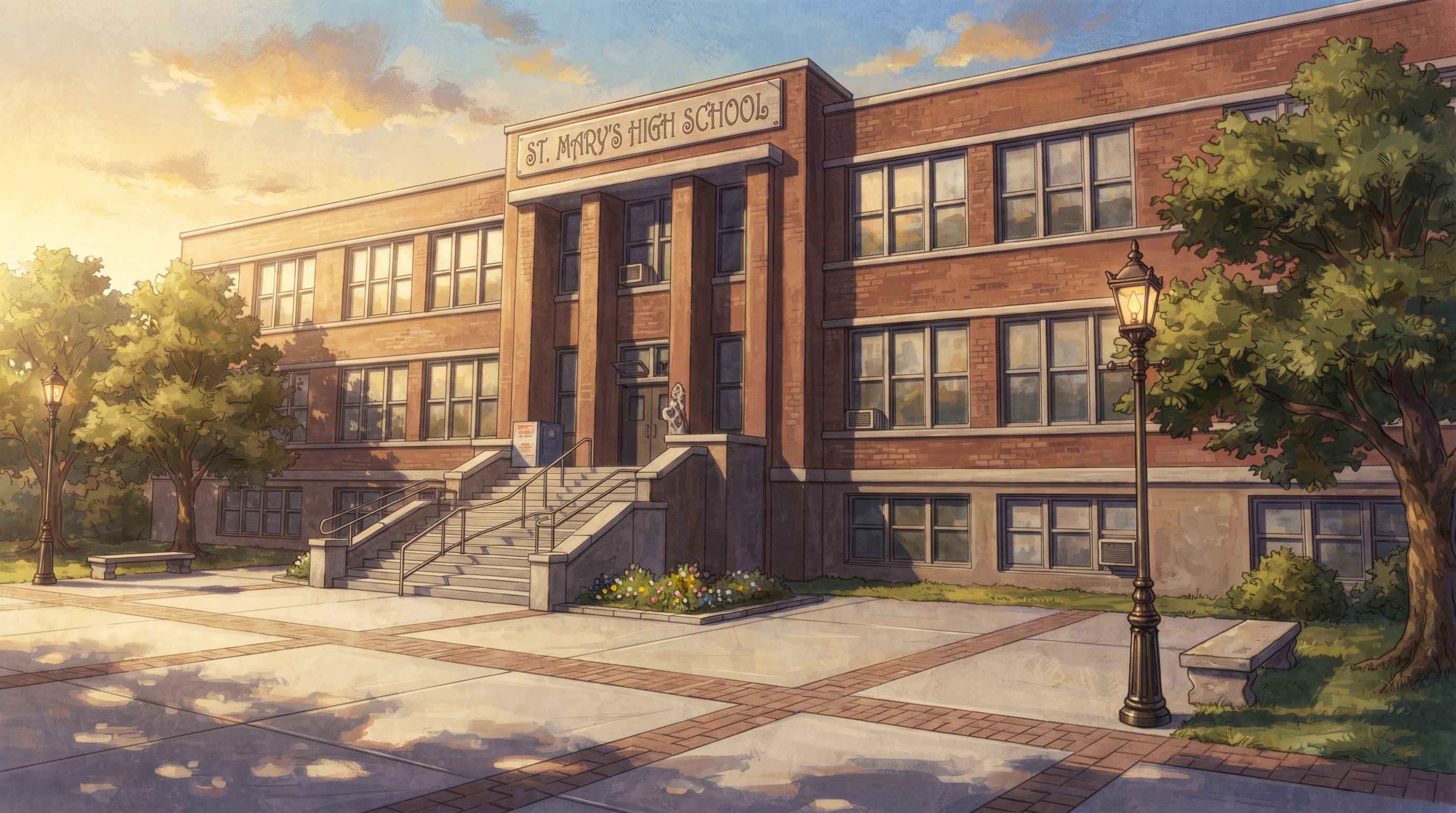 St. Mary's High School — a red brick building at golden hour with a paved courtyard