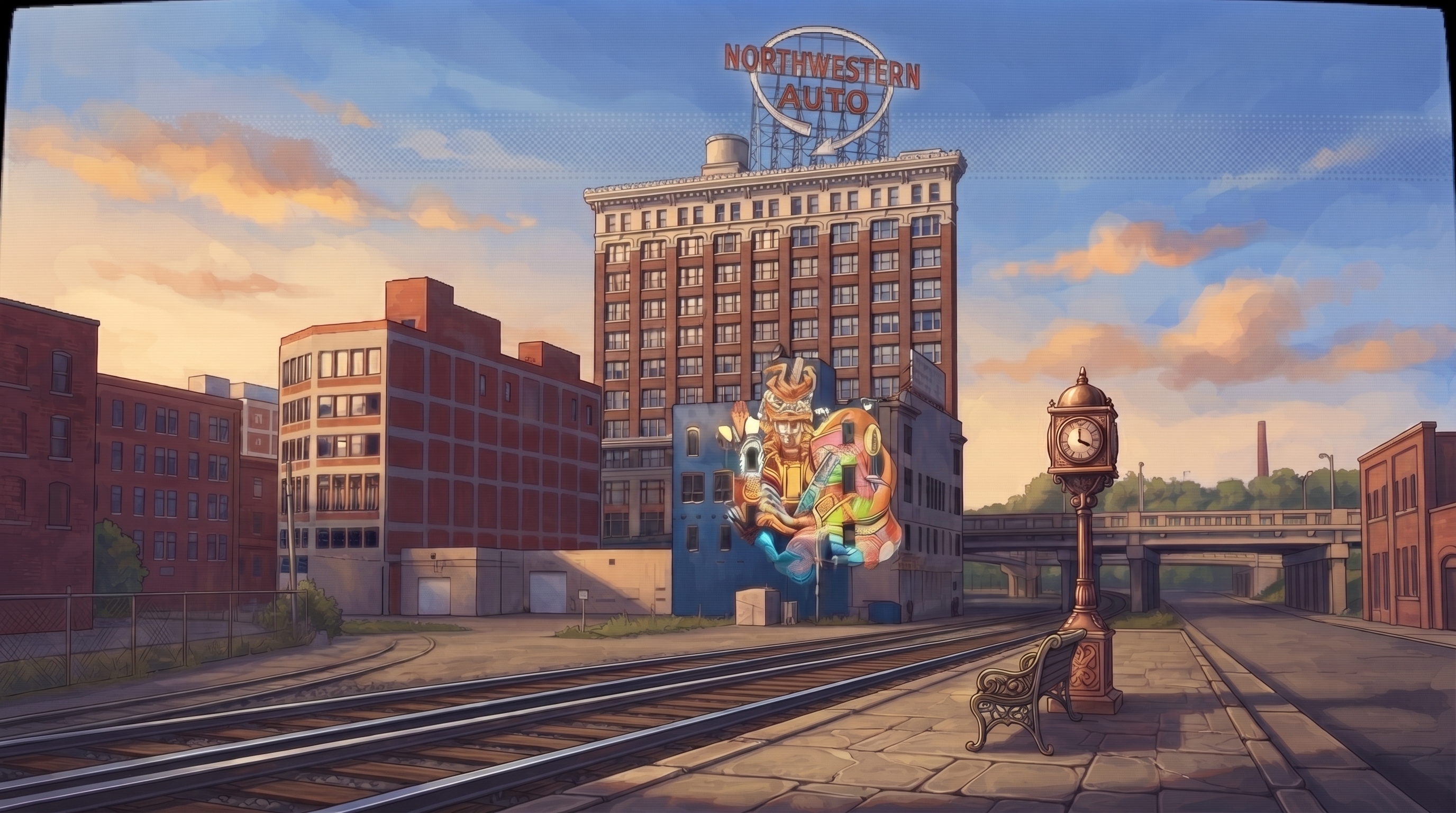 Northwestern Auto sign above brick buildings and train tracks at sunset in Kansas City